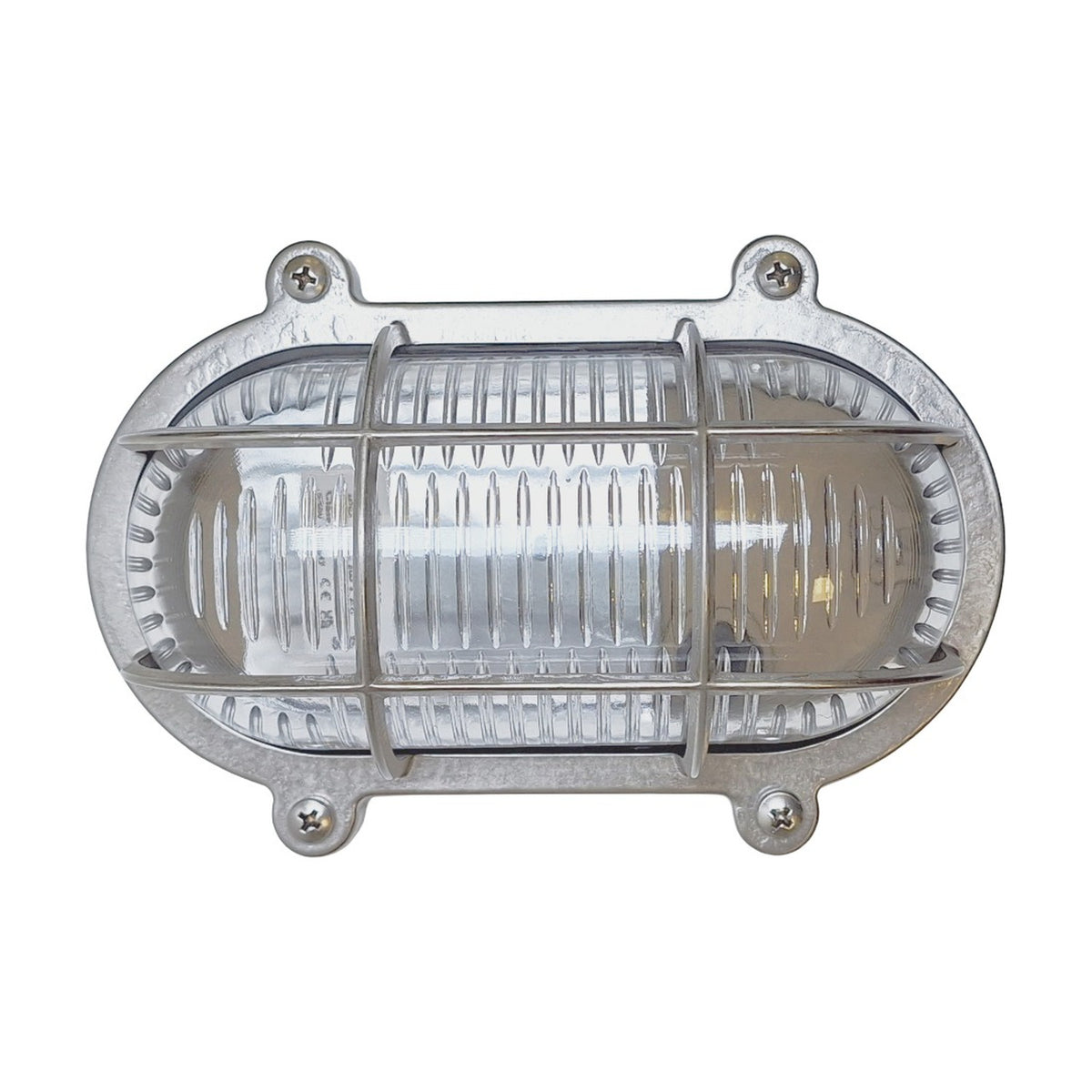 Merchant Flush Oval Bulkhead Light in satin nickel, showing ribbed glass under a barred cage with four corner screw mounts, on a plain white background.