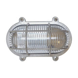 Merchant Flush Oval Bulkhead Light in satin nickel, showing ribbed glass under a barred cage with four corner screw mounts, on a plain white background.