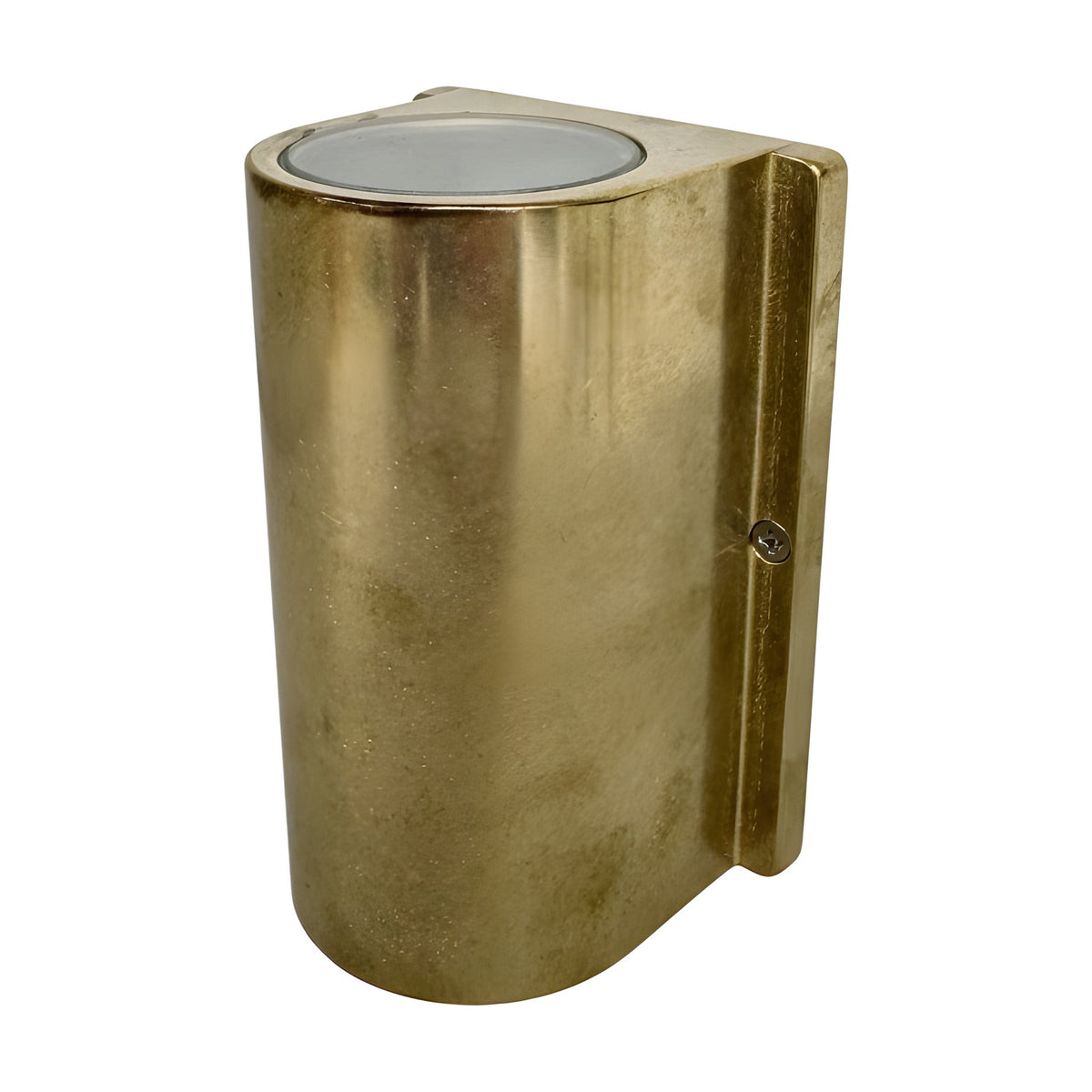 Pharos compact outdoor up and down wall light, solid raw brass half-cylinder body with flat back plate and visible mounting screw, shown on a plain white background.
