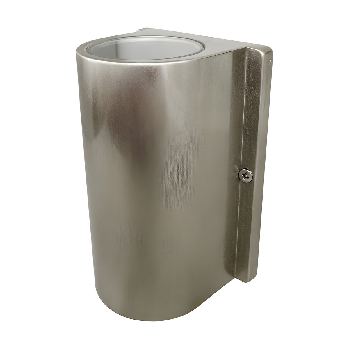 Pharos Compact Outdoor Up & Down Wall Light in satin nickel, a cylindrical brass fixture with a flat back plate and visible fixing screw, IP44 rated, shown against a plain white background.