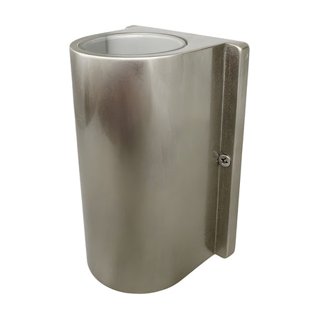 Pharos Compact Outdoor Up & Down Wall Light in satin nickel, a cylindrical brass fixture with a flat back plate and visible fixing screw, IP44 rated, shown against a plain white background.