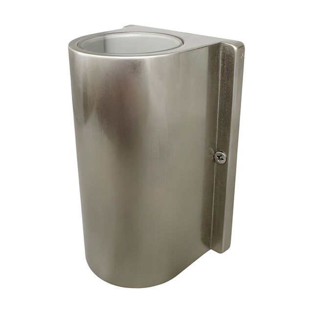 Pharos Compact Outdoor Up & Down Wall Light in satin nickel, a cylindrical brass fixture with a flat back plate and visible fixing screw, IP44 rated, shown against a plain white background.