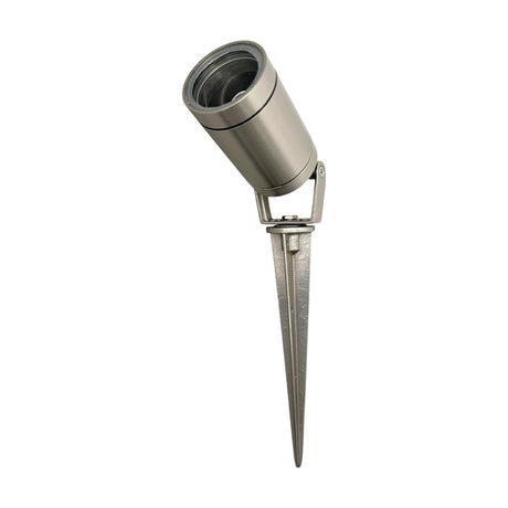 Marlinspike Garden Spike Light IP64 in satin nickel, a cylindrical spotlight head on an adjustable bracket atop a pointed ground stake, shown on a plain white background.