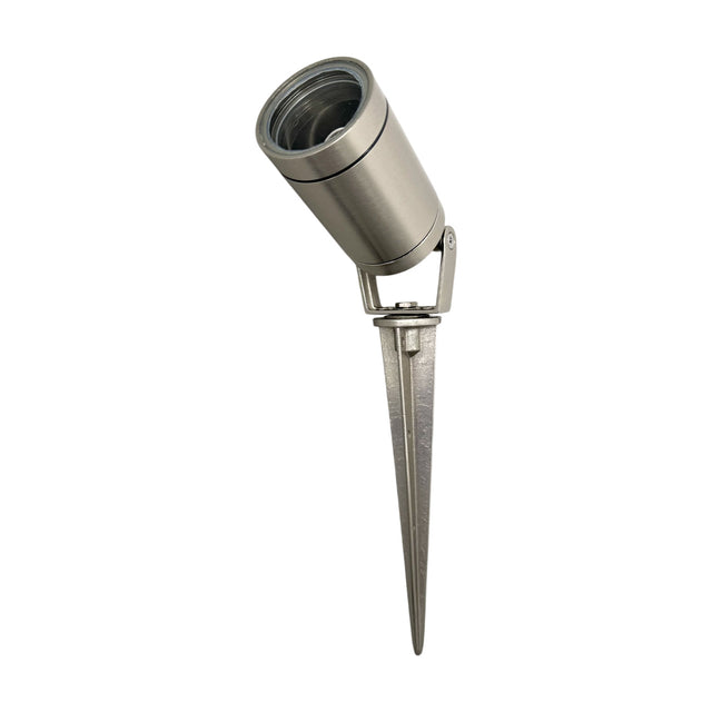 Marlinspike Garden Spike Light IP64 in satin nickel, a cylindrical spotlight head on an adjustable bracket atop a pointed ground stake, shown on a plain white background.