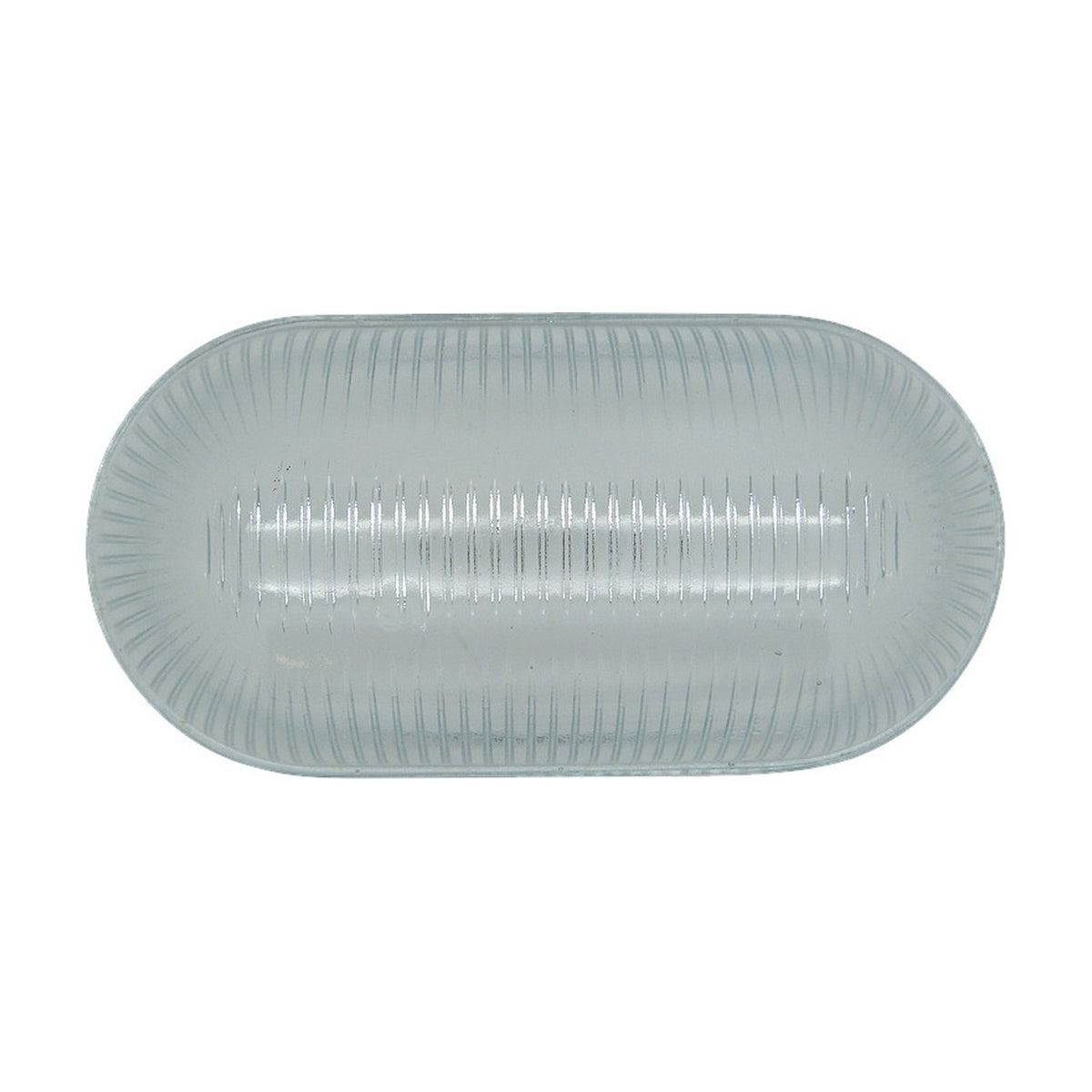Horatio Junior & Merchant Bulkhead replacement prismatic glass, capsule-shaped clear glass with fine ribbing fanning across the surface, shown on a plain white background.