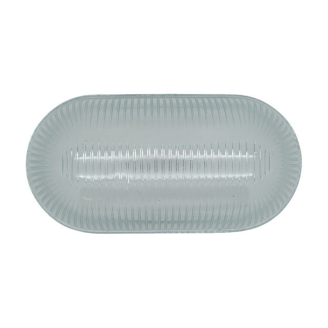 Horatio Junior & Merchant Bulkhead replacement prismatic glass, capsule-shaped clear glass with fine ribbing fanning across the surface, shown on a plain white background.
