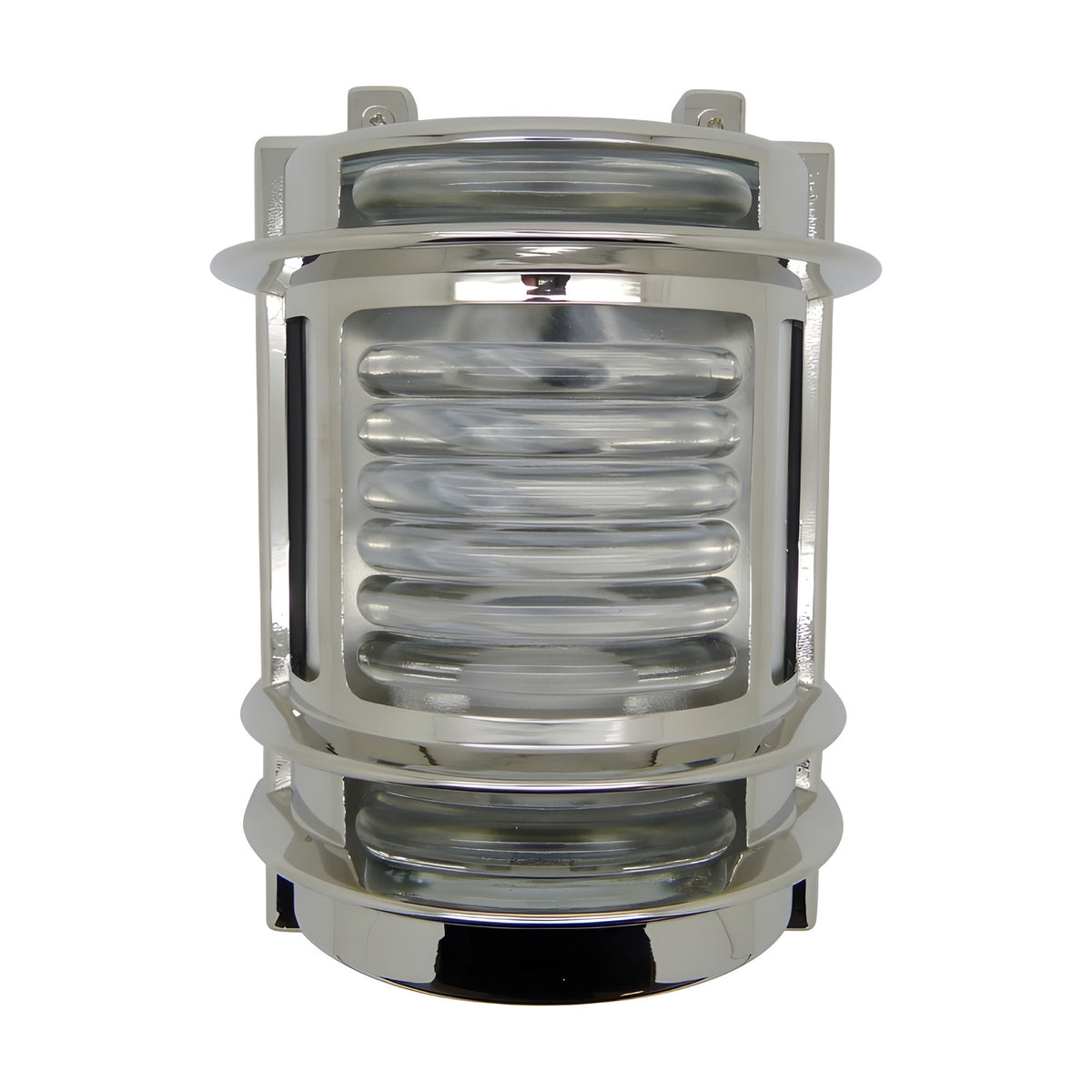 Cargo Outdoor Wall Light in mirror nickel, a brass bulkhead-style fixture with ribbed glass lens and guarded bands, shown on a plain white background.
