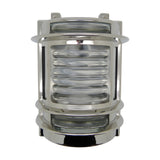 Cargo Outdoor Wall Light in mirror nickel, a brass bulkhead-style fixture with ribbed glass lens and guarded bands, shown on a plain white background.