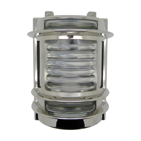 Cargo Outdoor Wall Light in mirror nickel, a brass bulkhead-style fixture with ribbed glass lens and guarded bands, shown on a plain white background.
