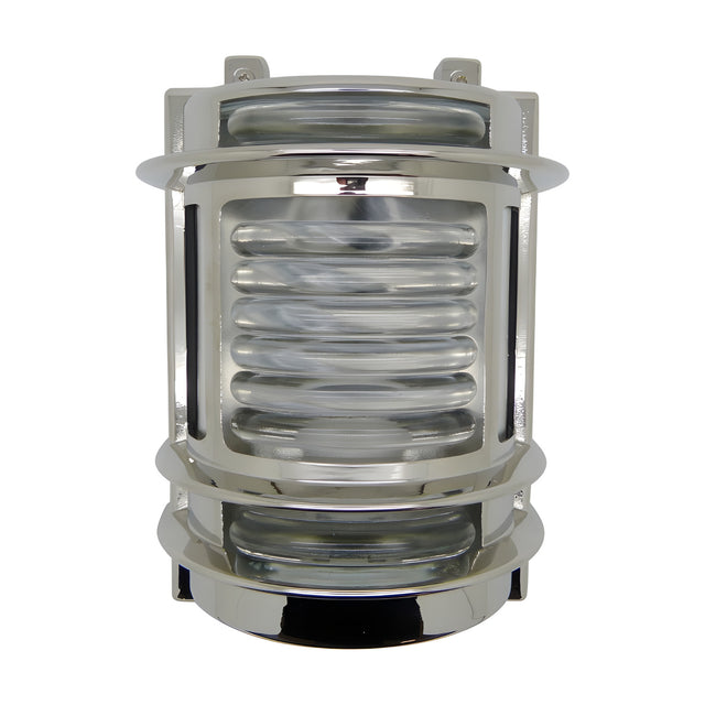 Cargo Outdoor Wall Light in mirror nickel, a brass bulkhead-style fixture with ribbed glass lens and guarded bands, shown on a plain white background.