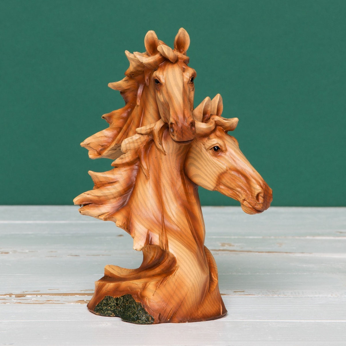 Two Horse Heads Handpainted Wood Effect Resin Figurine - Brown
