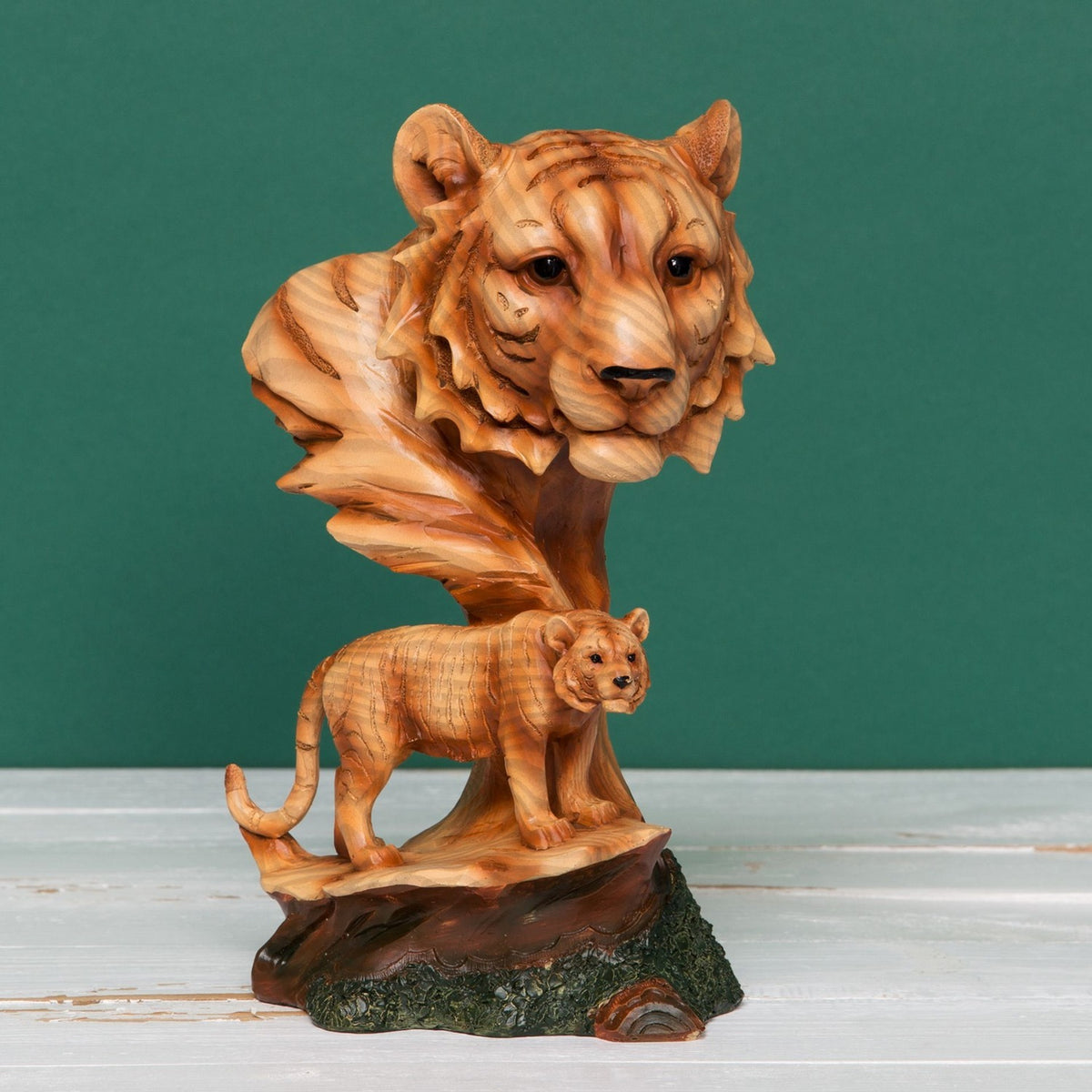 Tiger and Cub Handpainted Wood Effect Resin Figurine - Brown