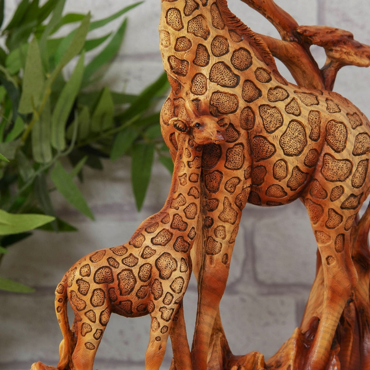 Giraffe Family Wood Effect Resin Figurine with Tree - Brown