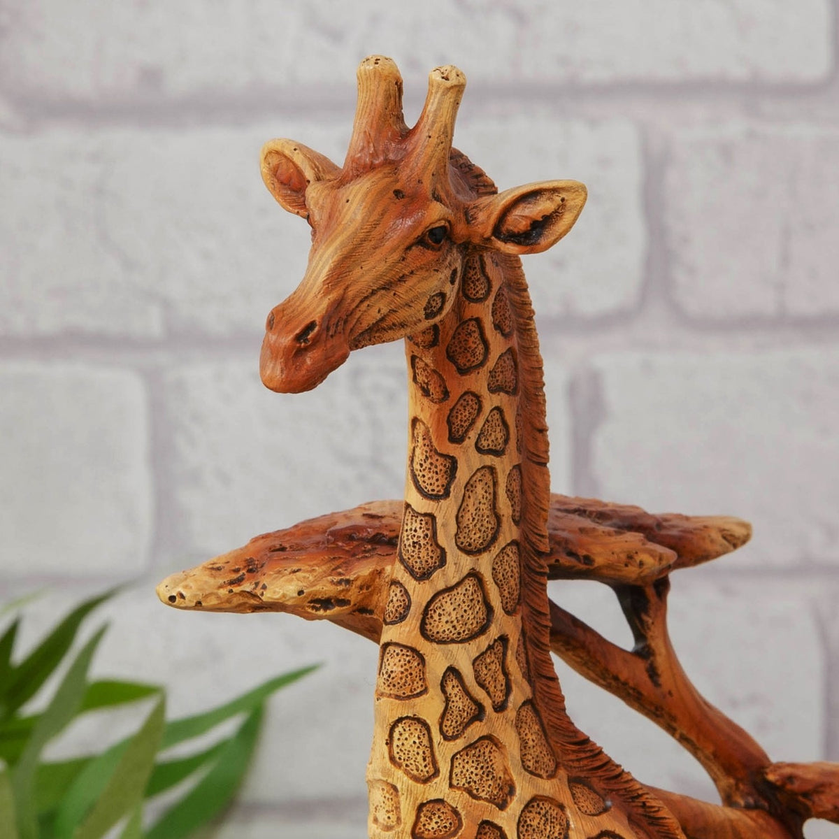 Giraffe Family Wood Effect Resin Figurine with Tree - Brown