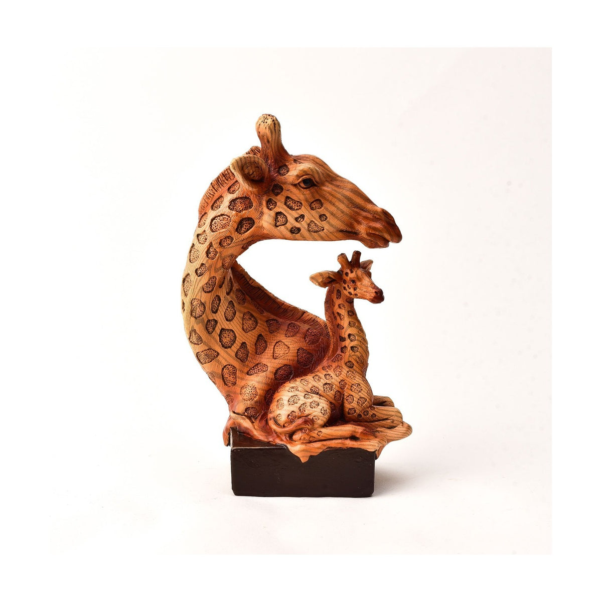Two Giraffes Hand Painted Wood Effect Resin Figurine in brown, showing an adult giraffe curving its neck around a seated calf, set on a dark base against a plain white background.