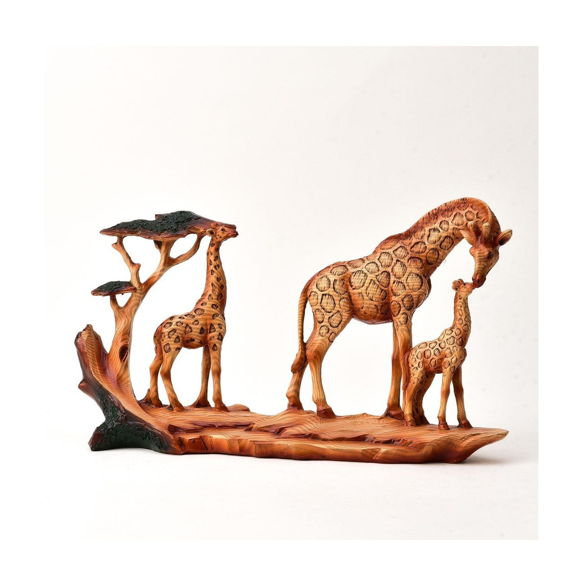 Triple Giraffe and Tree Wood Effect Resin Figurine - Brown