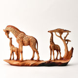 Triple Giraffe and Tree Wood Effect Resin Figurine - Brown
