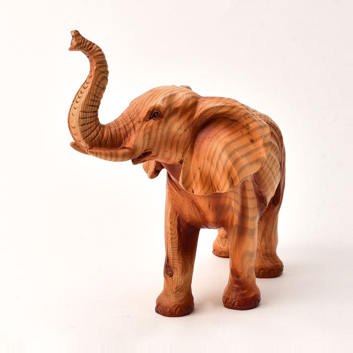 Raised Trunk Elephant Wood Effect Resin Figurine - Brown