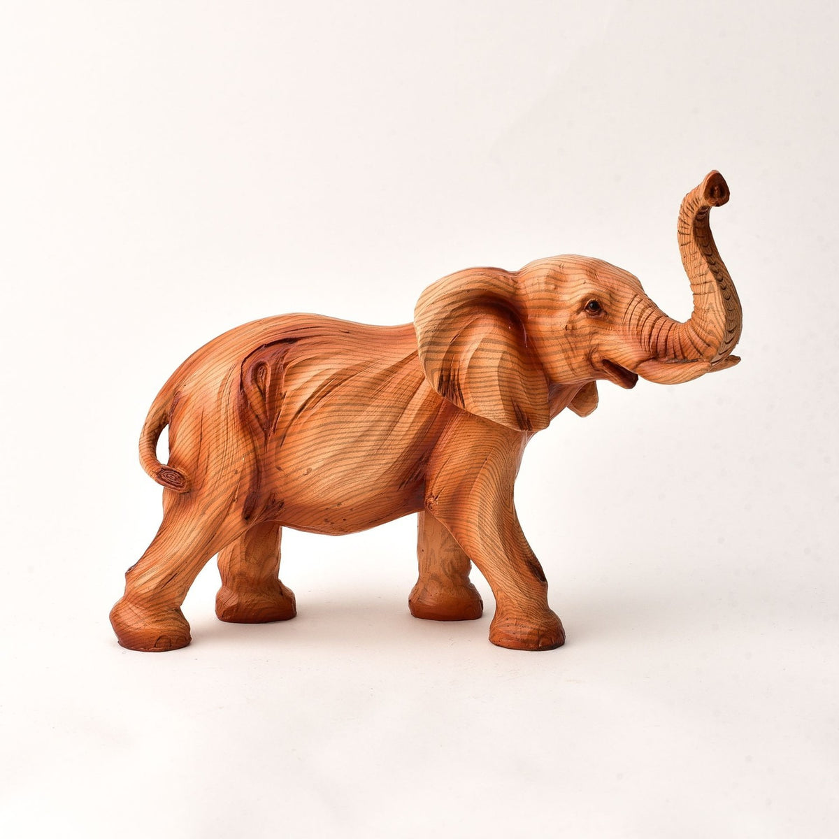Raised Trunk Elephant Wood Effect Resin Figurine - Brown