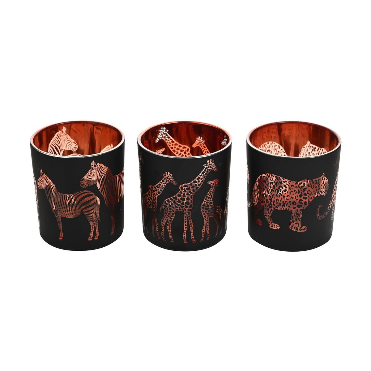 Set of 3 Zebra, Giraffe & Leopard Tealight Candle Holders - Black