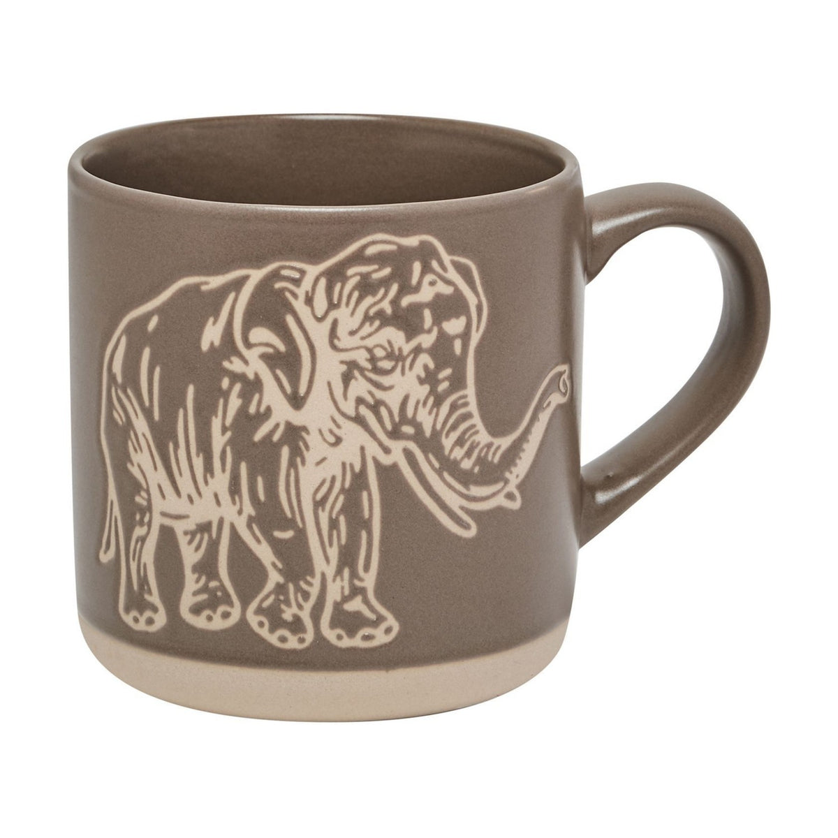 Grey glazed ceramic mug with a wax resistant finish, featuring a fine pale line-drawn elephant design and a matching cream band at the base, shown on a plain white background.