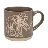 Grey glazed ceramic mug with a wax resistant finish, featuring a fine pale line-drawn elephant design and a matching cream band at the base, shown on a plain white background.
