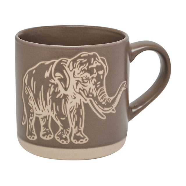 Grey glazed ceramic mug with a wax resistant finish, featuring a fine pale line-drawn elephant design and a matching cream band at the base, shown on a plain white background.