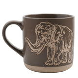 Grey glazed ceramic mug with a fine-line elephant design in pale cream, raised trunk near the handle, and a matching pale band around the base, shown on a white background.