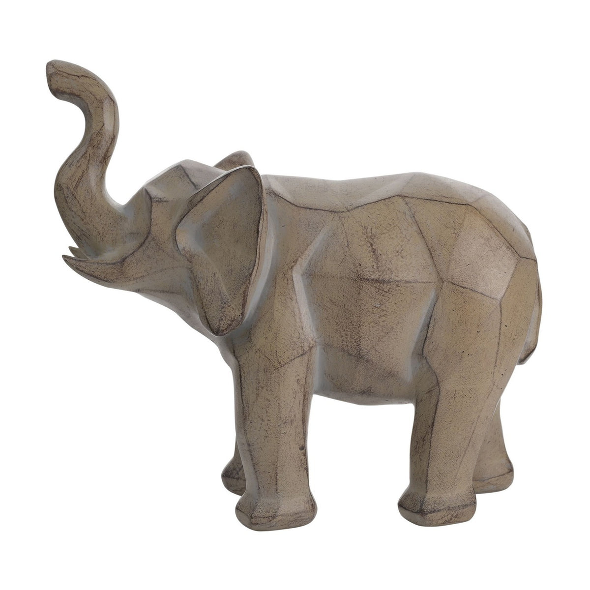 Geometric elephant figurine in soft grey with an etched, faceted finish, standing on four legs with its trunk raised, shown on a plain white background.