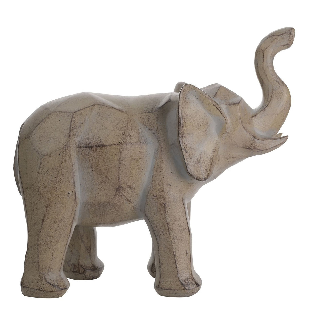 Geometric Elephant Figurine in soft grey with etched faceted finish, standing on four legs with trunk raised high, shown on a plain white background.