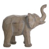 Geometric Elephant Figurine in soft grey with etched faceted finish, standing on four legs with trunk raised high, shown on a plain white background.