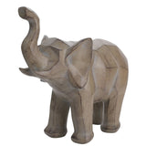 Geometric Elephant Figurine in grey with raised trunk, faceted angular body and etched line detailing, standing on four legs against a plain white background.