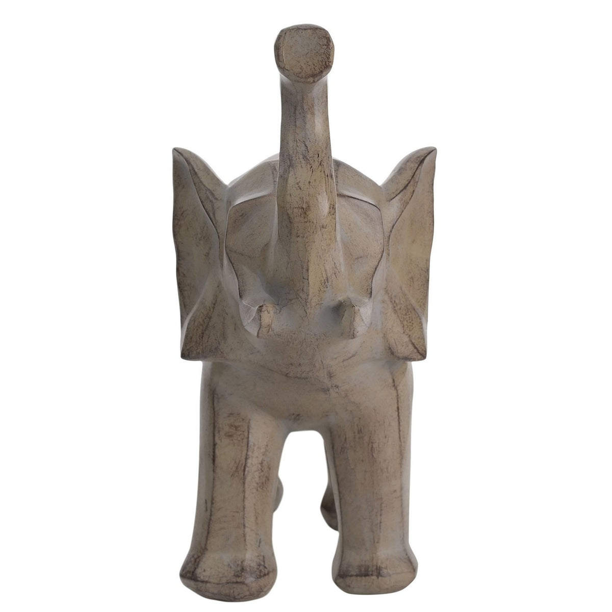 Geometric Elephant Figurine in soft grey with etched finish, shown front-on with raised trunk, large angular ears, and faceted legs on a plain white background.