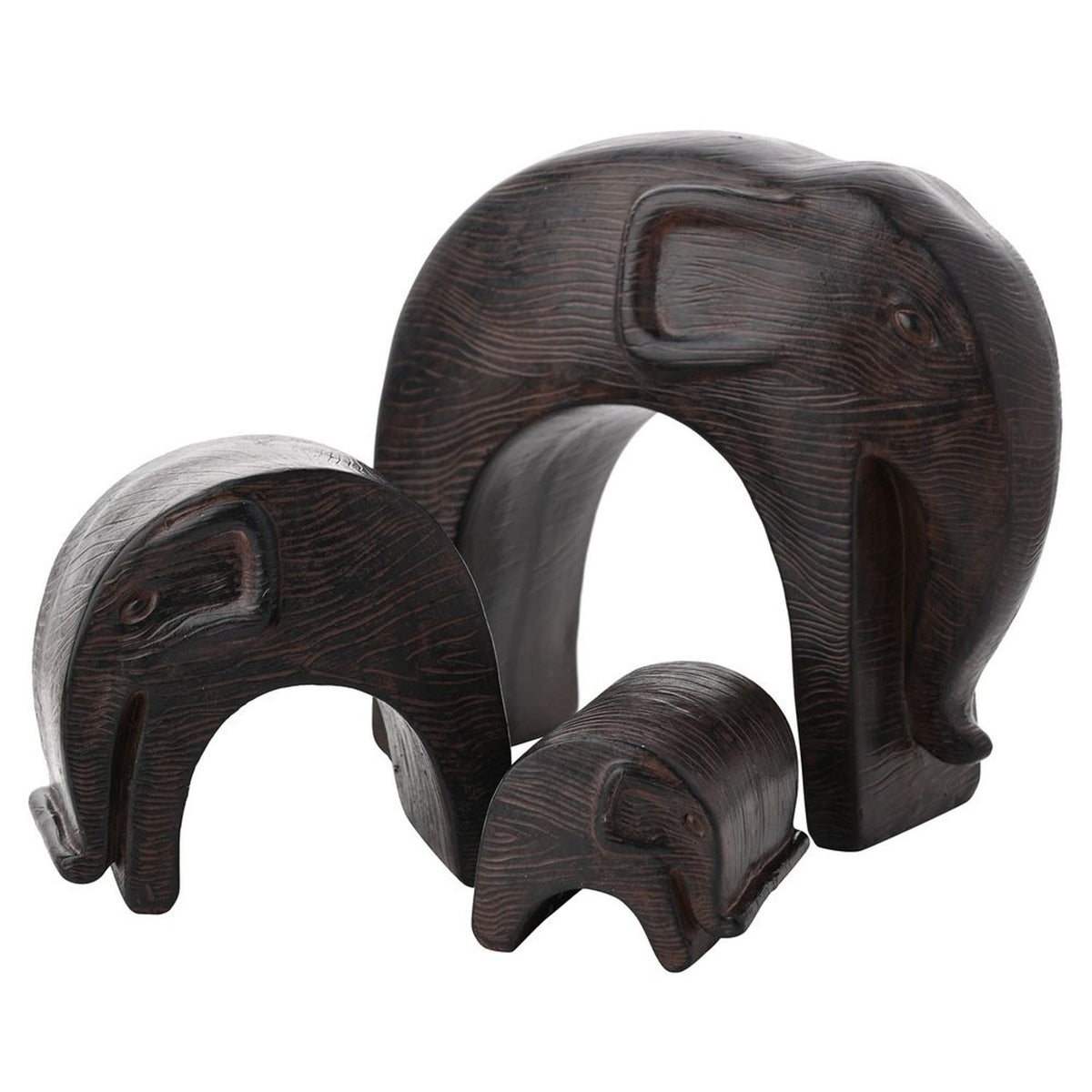 Set of 3 Wood Effect Nesting Elephant Figurines - Dark Brown