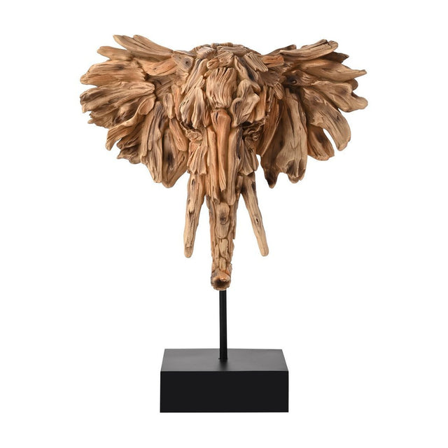 Driftwood Elephant Head Resin Figurine in light brown with fanned ears, down-turned tusks and curled trunk, mounted on a slim black stand against a white background.