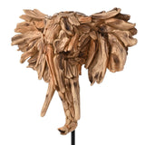Driftwood Elephant Head Resin Figurine with wide fanned ears, downward tusks and curled trunk in light brown, mounted on a slim black stand against a white background.