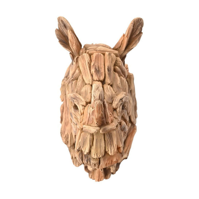 Textured Driftwood Effect Rhino Head Resin Wall Art in warm brown, with layered stick-like ridges forming the muzzle, horns and upright ears, shown on a plain white background.