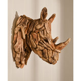 Textured Driftwood Effect Rhino Head Resin Wall Art in brown, showing layered wood-like pieces forming the muzzle, horns and upright ears, mounted on a plain wall.