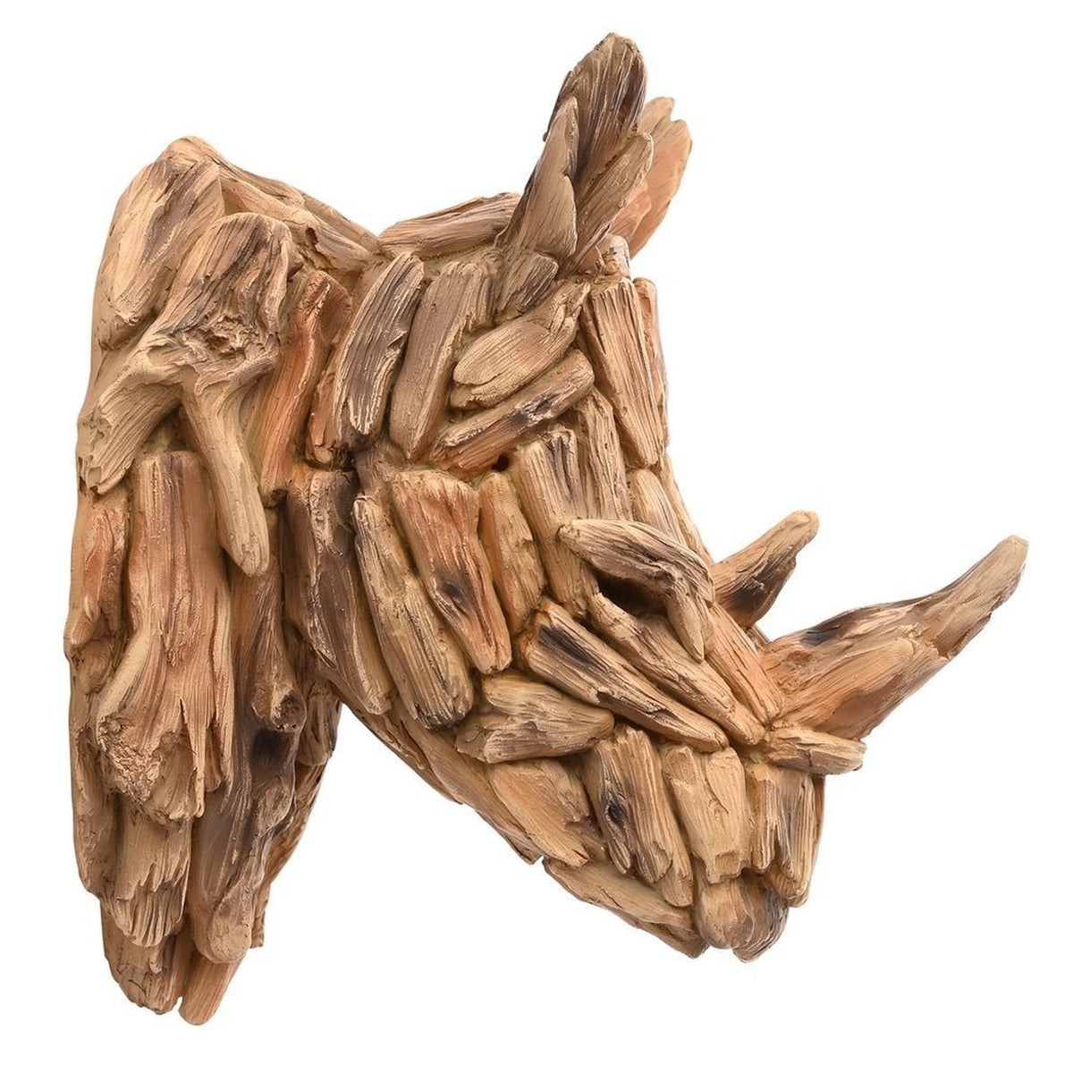 Textured driftwood-effect rhino head wall art in warm brown resin, with layered stick-like pieces forming the muzzle, horns and upright ears, shown on a plain white background.