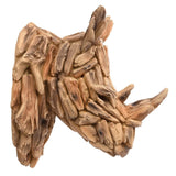 Textured driftwood-effect rhino head wall art in warm brown resin, with layered stick-like pieces forming the muzzle, horns and upright ears, shown on a plain white background.