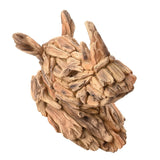 Textured driftwood-effect rhino head wall art in resin, with layered stick-like pieces forming the muzzle, horns and upright ears in warm natural brown, shown on a plain white background.