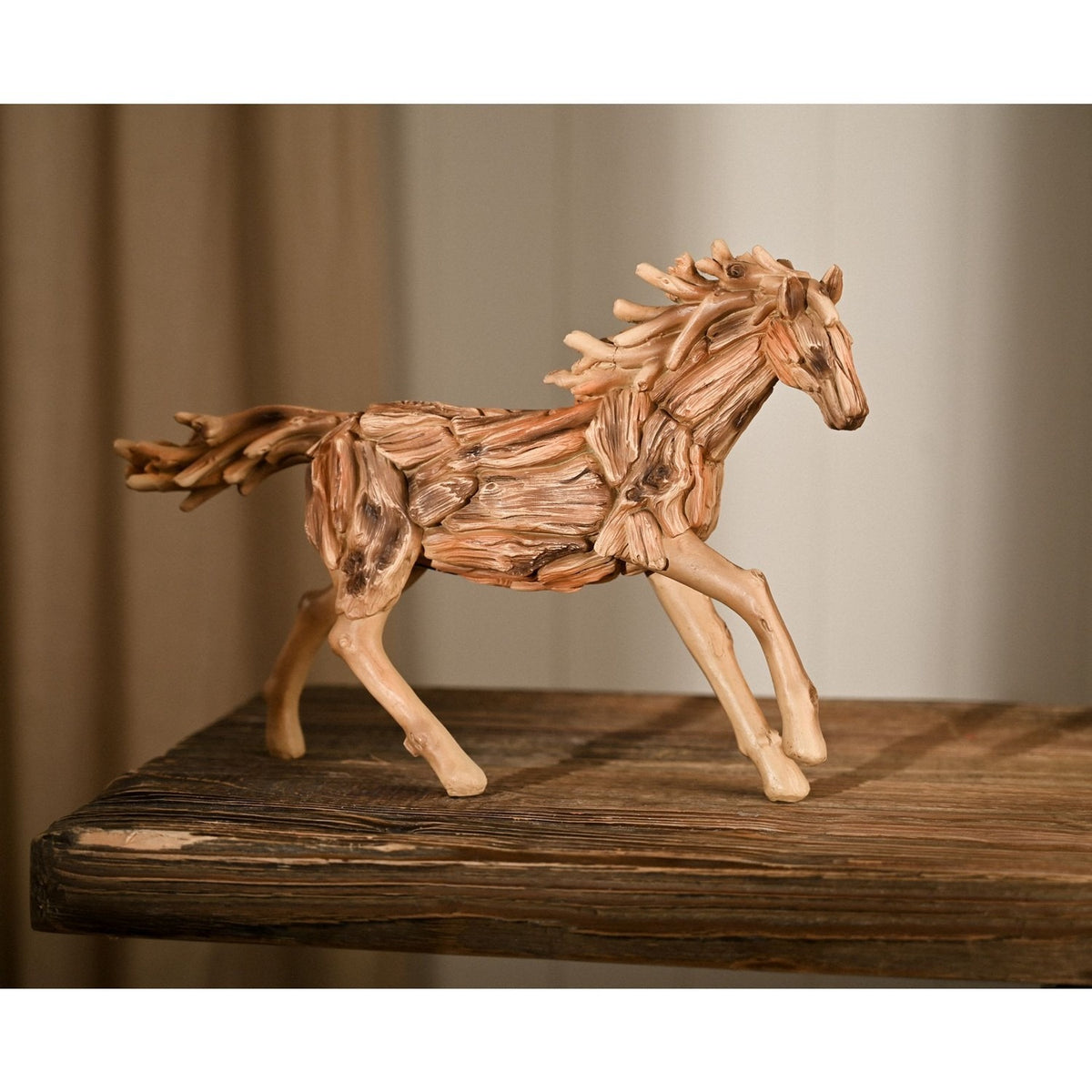 Running Horse Driftwood Effect Resin Figurine - Brown