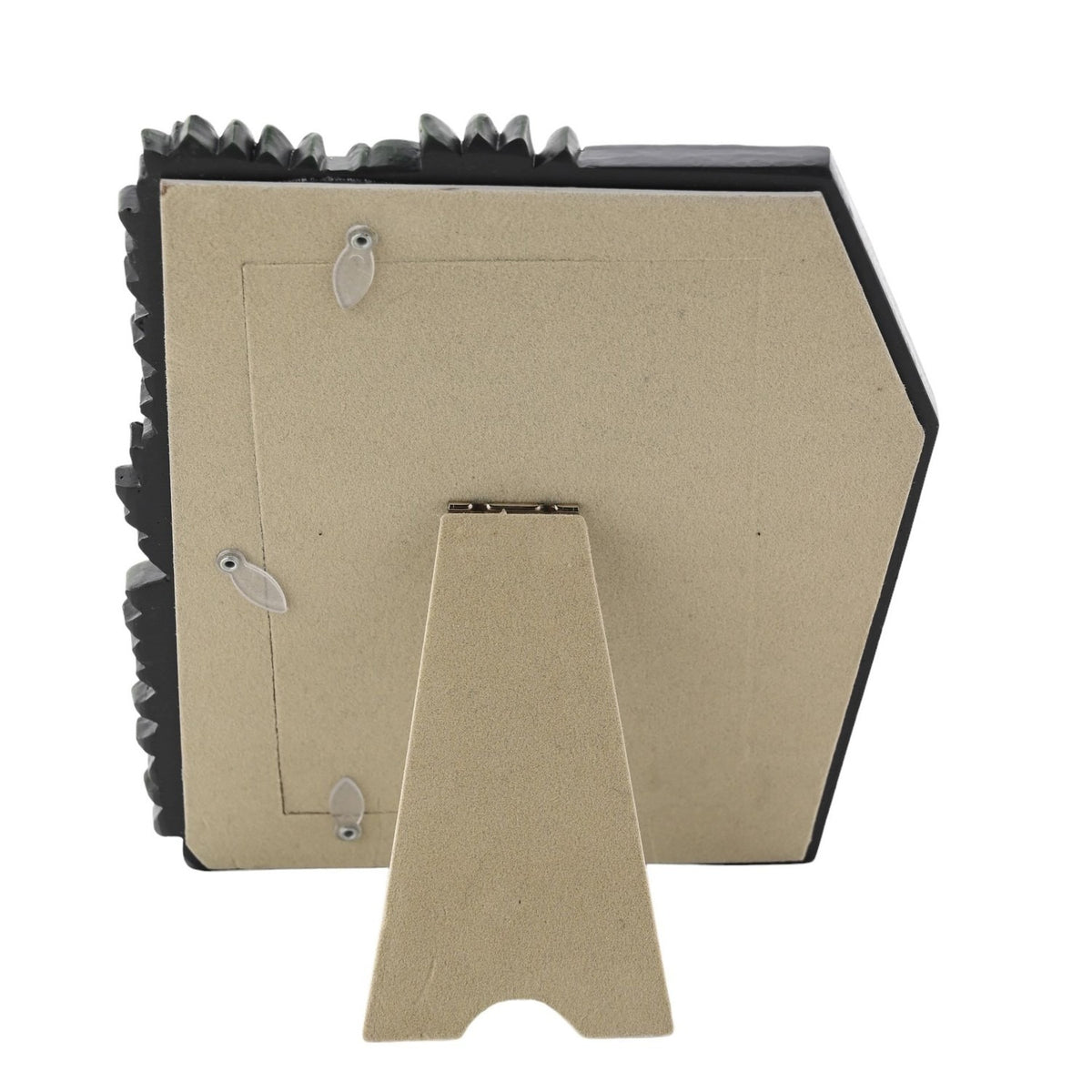Back view of the Flagstone Fern Leaf Resin Easel Photo Frame 6 x 4in, showing a beige fold-out stand, 6x4in aperture, and hanging hooks on a black resin frame.