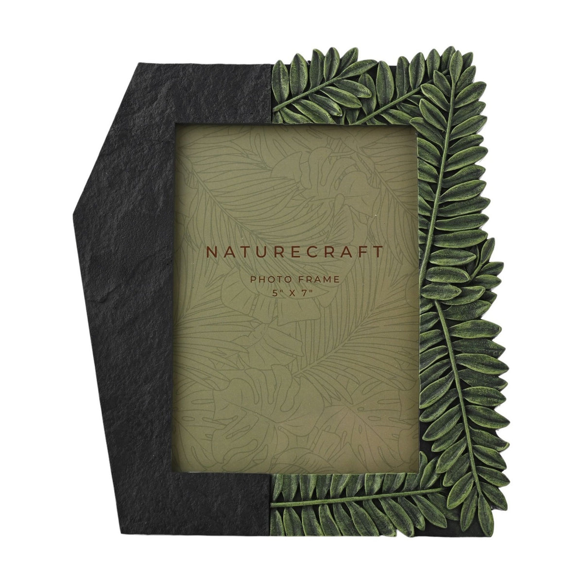 Flagstone Fern Leaf resin photo frame for a 7 x 5in portrait, with raised green fern leaves on top, right, and bottom edges against a dark textured left panel, on white background.