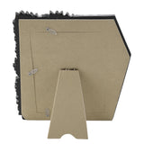 Back view of the Flagstone Fern Leaf resin photo frame showing a beige easel stand with fold-out support and hanging hooks, set against a plain white background.