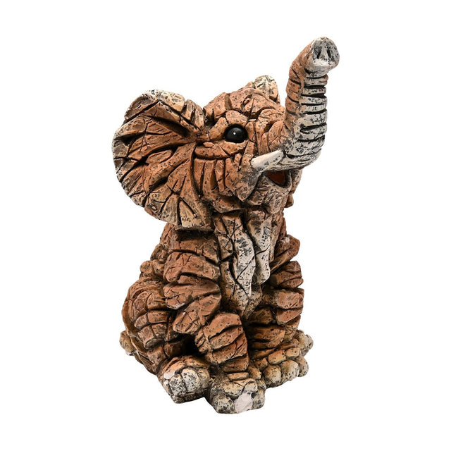Sitting elephant resin figurine, 39.5cm, with trunk raised and mouth open, textured faceted brown and terracotta finish, on a plain white background.