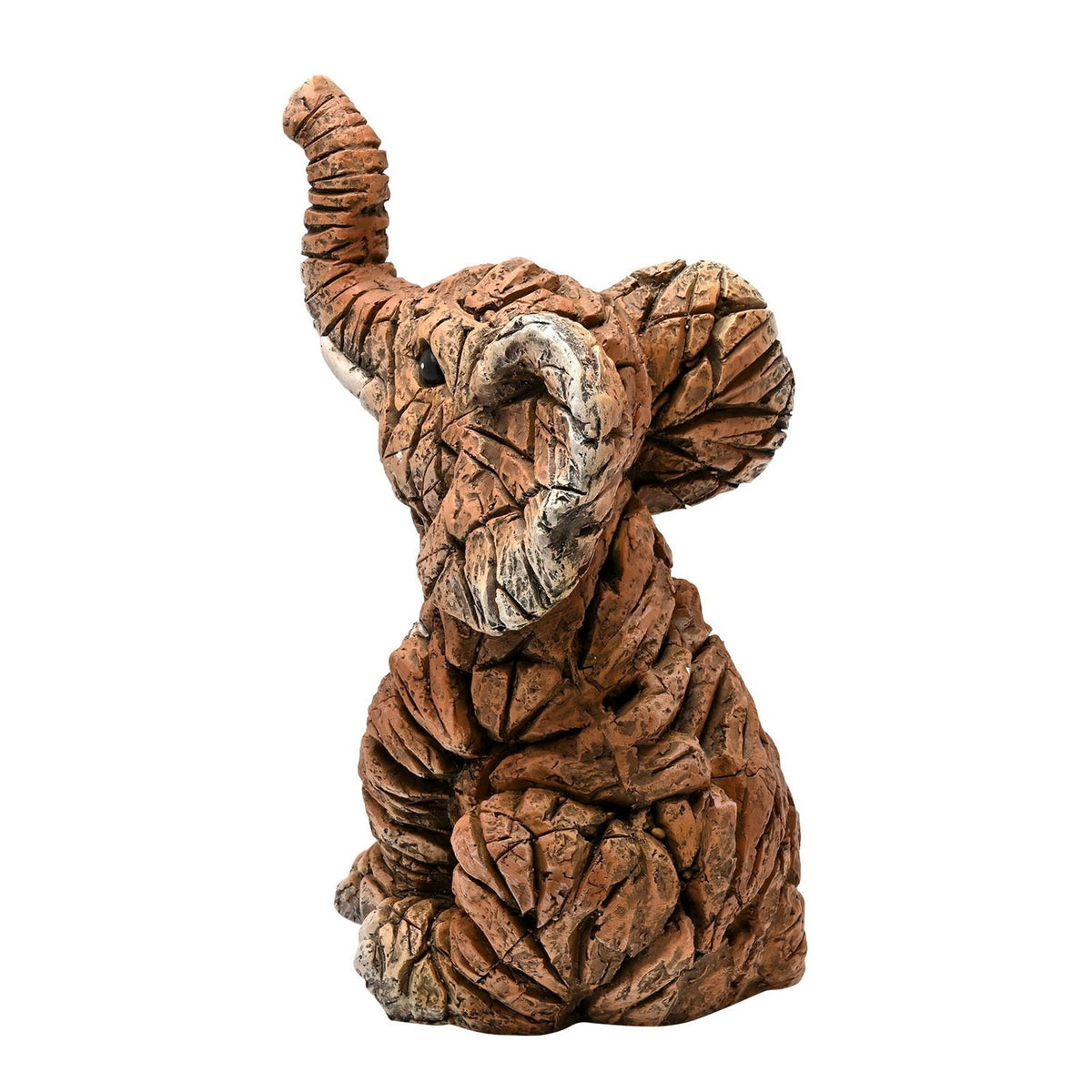 Sitting elephant resin figurine, 39.5cm, with trunk raised and ears fanned wide, faceted brown terracotta textured surface, on a plain white background.