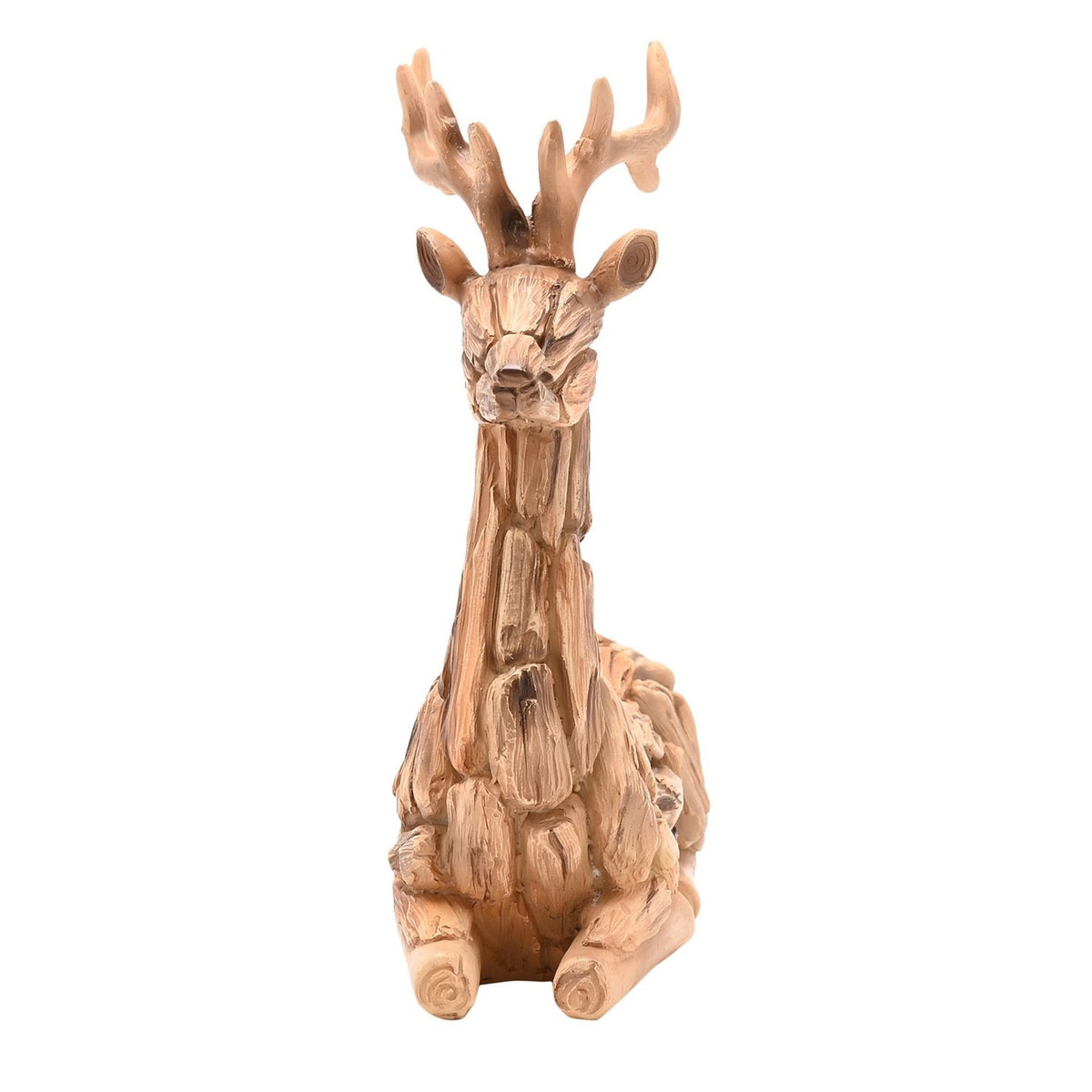 Sitting Deer Driftwood Resin Figurine with Antlers - Brown
