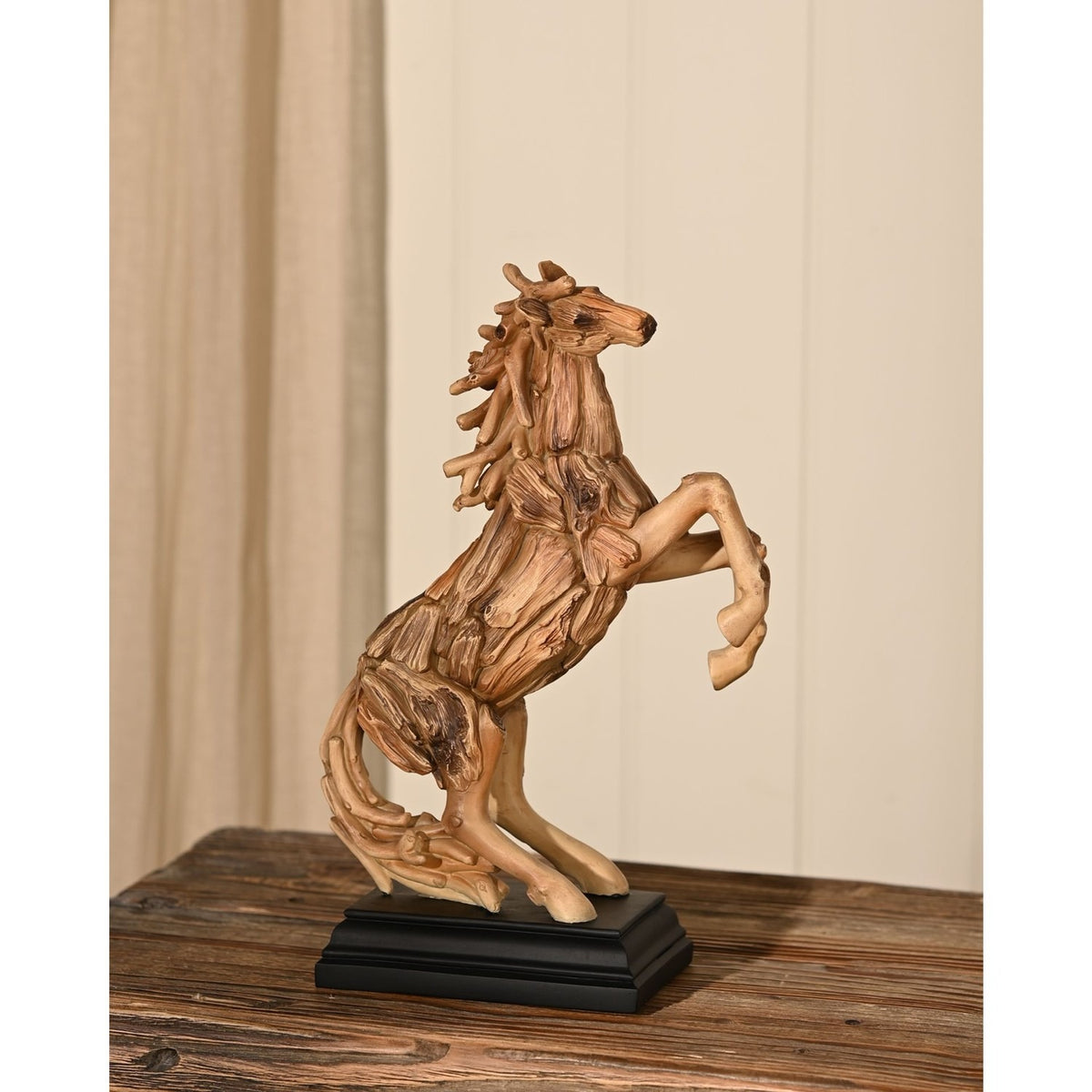 Rearing Horse Driftwood Resin Figurine with Base - Brown