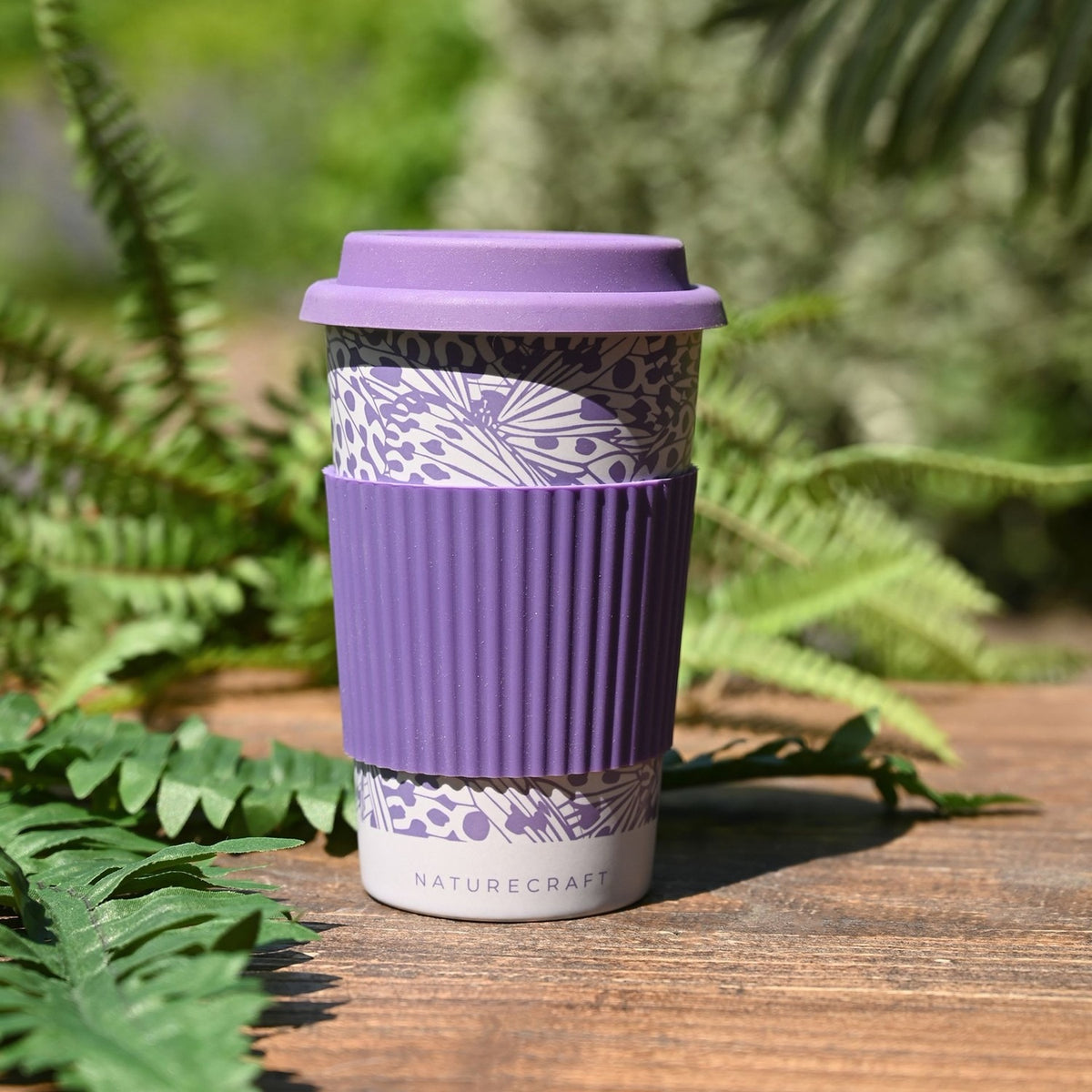 Butterfly Print Stoneware Travel Mug with Lid 320ml - Purple